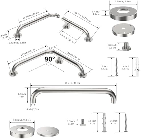 L-Shaped Angled Shower Grab Bar w/Straight Bathroom Safety Handrail 16 Inch, iHansee Brushed Nickel Handicap Grab Bar Wall Mounted, Toilet Bathtub Balance Support Bar for Elderly Seniors Injury