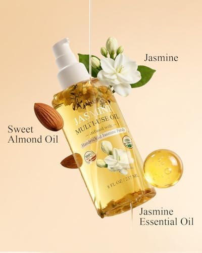 Organic Jasmine Multi-Used Body Oil For Skin, Face, Hair and Nails, With Handpicked Petals, Jasmine Essential Oil & Vitamin E & Almond Oil Nourishing & Hydrating, for Moisture & Skin After Bath Oil