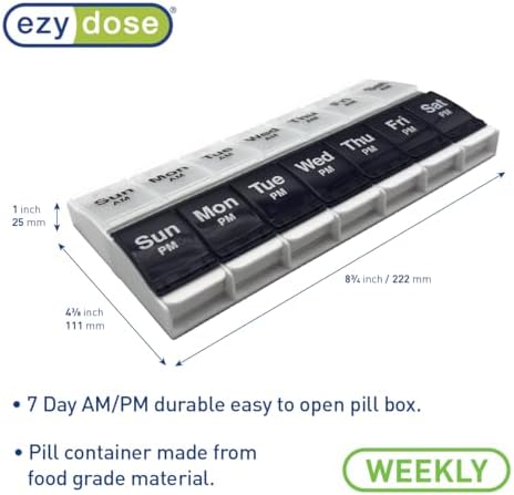 EZY DOSE Push Button (7-Day) Pill Case, Medicine Planner, Vitamin Organizer, 2 Times a Day AM/PM Container, X-Large Compartments, Arthritis Friendly, Effortless Open, Clear Lids, Blue/White, BPA Free