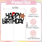 Pirate Happy Birthday Cake Topper Black Glitter Rudder Cake Decoration for Pirate-Themed Kids & Boys Birthday Parties