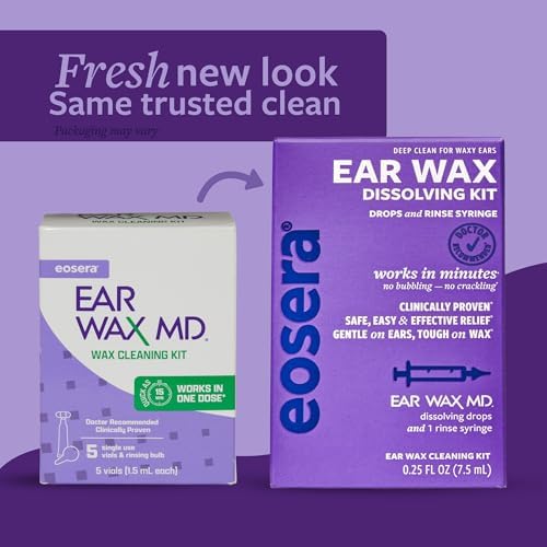 eosera Ear Wax MD Cleaning Kit - Fast-Acting Ear Wax Dissolving Drops & Rinse Bulb Syringe - Doctor Recommended, Clinically Proven Earwax Dissolver for Adults & Kids - Works in 15 Minutes - 5 Vials