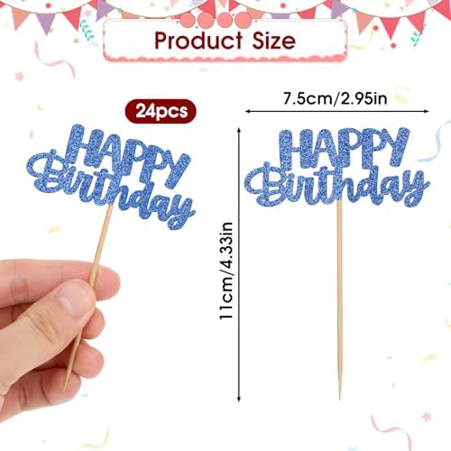 24 Pcs Glitter Happy Birthday Cupcake Toppers - Blue Celebrating Cake Picks for Baby Shower Kids Party Decoration Supplies