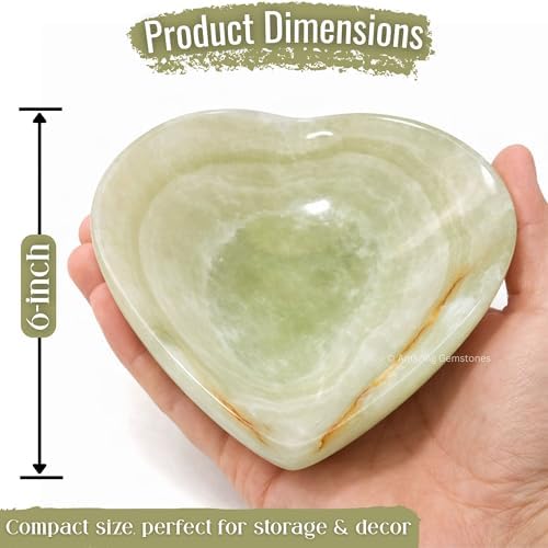 Amazing Gemstone Green Onyx Stone Heart Bowl - Hand Carved Onyx Crystal Dish for Altar, Kitchen, Positive Energy Home, Spiritual Gift Decor, Natural Polished Accent Piece (6 inches)