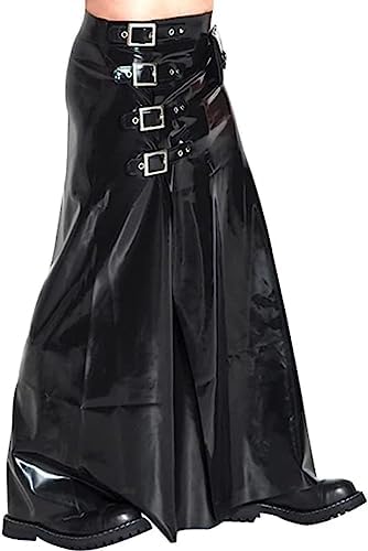 Black Sexy Latex Kilt Skirts with Belts and Buckles at Side Long Ankle Length Rubber Bottoms Uniform,Custom Color,L