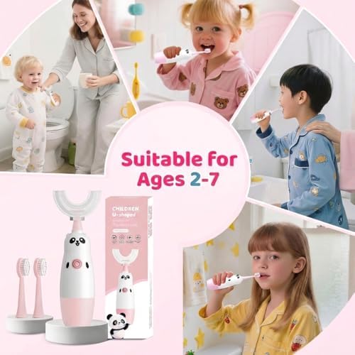 Hikid Kids U-Shaped Electric Toothbrush with 2 Brush Heads, Toddlers Sonic with 360 Degree Cleaning, Soft Bristles, Battery Included, IPX7 Waterproof, Cute Cartoon for Girls and Boys,Ages 2-7 (Pink)