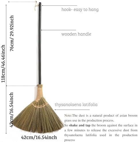Vietnamese Broom 46.46inch Length - Brooms for Sweeping Indoor Outdoor - Black Long Wooden Handle Natural Soft Broom for Jumping, Weeding, Decoration
