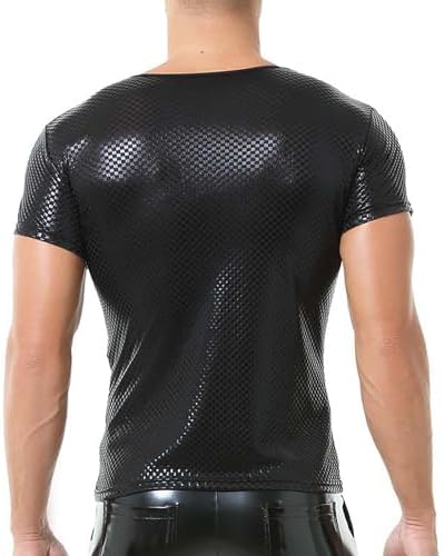 QiaTi Men's Faux Leather Polo Shirts Short Slevees Tops with Zipper Men Muscle Fit Collared Shirts for Casual Club