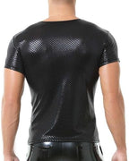 QiaTi Men's Faux Leather Polo Shirts Short Slevees Tops with Zipper Men Muscle Fit Collared Shirts for Casual Club
