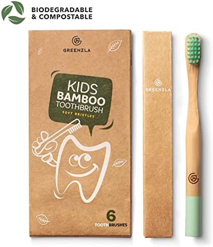 GREENZLA Kids Bamboo Toothbrushes, Natural Toothbrush Set, Soft Bristles, Durable Charcoal Wooden Brushes, Compostable Design for Toddlers and Children, 6 Pack