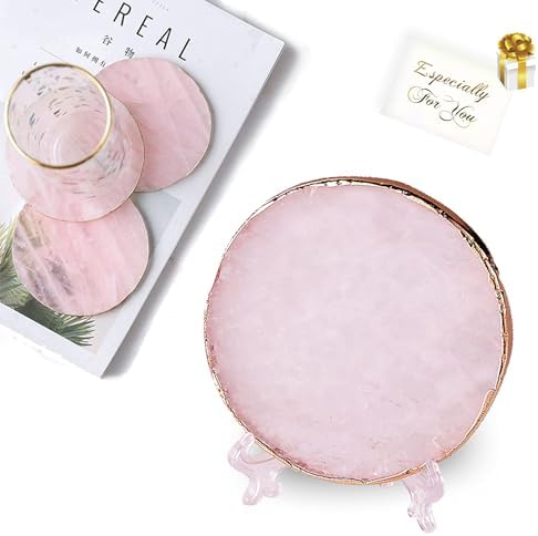 Yougoals Rose Quartz Coaster Single with Stand (4 PCS),Pink Round Agate Coaster for Drinks,Natural Rose Crystal Stone with Golden Edge, Gemstone Geode Decor Gifts