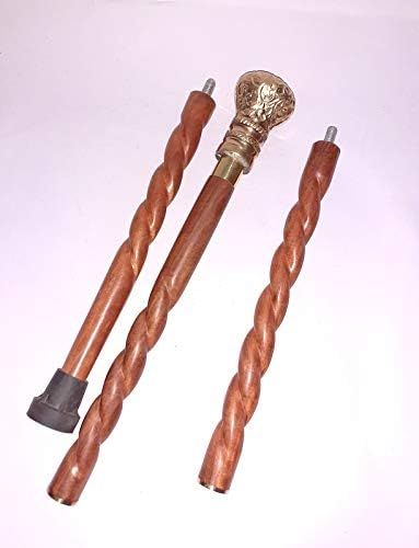 Brass Walking Stick Cane 3 fold Wooden Carving Hand