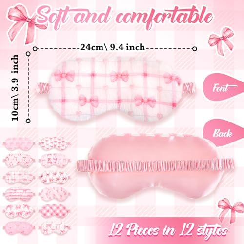 Cuffbow 12 Pcs Plush Sleeping Eye Masks Bulk Comfortable Sleep Eye Cover Mask for Kids Women Men Soft Furry Blindfold Faux Fur Shade for Travel Nap Sleepover Party Supplies (Bow)