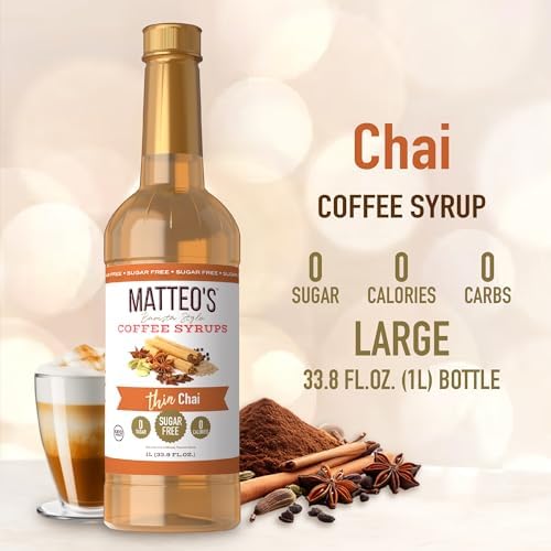 Matteo's Chai Syrup for Coffee, Lattes, Cappuccinos & Desserts – Sugar-Free Sweetener for Beverages, Keto Friendly, Zero Calories, Indulgent Flavor, Non-Alcoholic, Ideal for Hot Drinks 33.8oz (1pk)