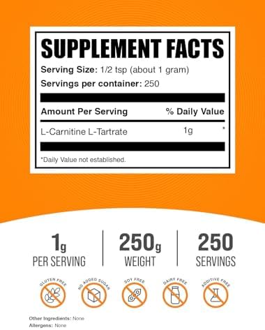 BulkSupplements.com L-Carnitine L-Tartrate Powder - Carnitine Supplement, L-Carnitine Tartrate, L Carnitine 1000mg - Amino Acids Supplement, Gluten Free, 1000mg per Serving, 250g (8.8 oz)