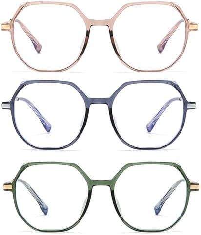 3 Pack Retro Polygon Reading Glasses For Women Blue Light Blocking Oversized Eyeglass Frames Large lens