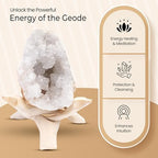 Geode Crystal with Wooden Stand – Moroccan Clear Quartz Crystal Cluster Geode for Meditation, Healing Crystals, Cleansing Energy, & Spiritual Gifts – Crystal Home Decor