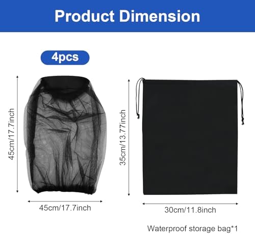4 Pcs Midge Head Net with Drawstring Bag, Nylon Mosquito Head Protecting Net Midge Net Head Cover Fly Insects Bugs Preventing Cover for Outdoor Hiking Camping Fishing Climbing Walking Black