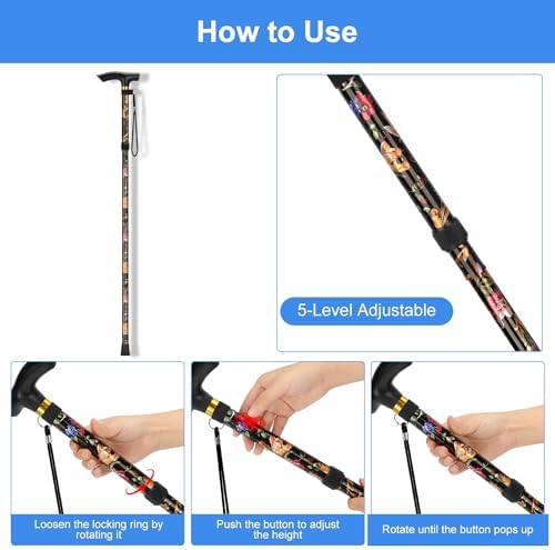 supregear Folding Cane, 5-Level Adjustable Height Walking Stick Lightweight Collapsible Portable Travel Cane with Wrist Strap and T Handle for Elderly Disabled Men Women