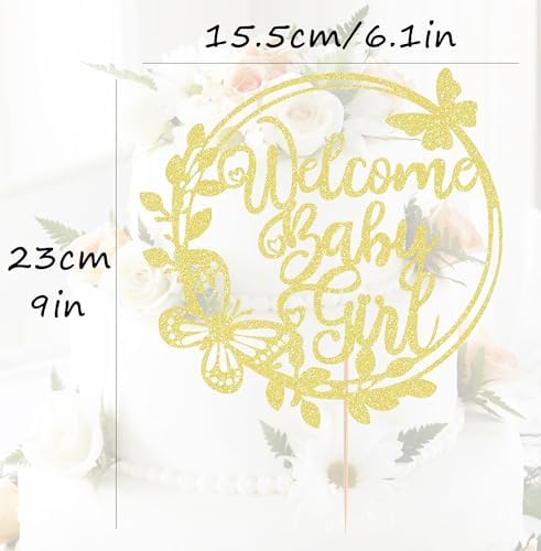 Welcome Baby Girl Cake Topper - Gold Glitter Baby Shower Cake Decorations for Girl, Baby Girl Cake Decor, for Baby Shower/Baby Birthday Party/Gender Reveal Party Photo Booth Props