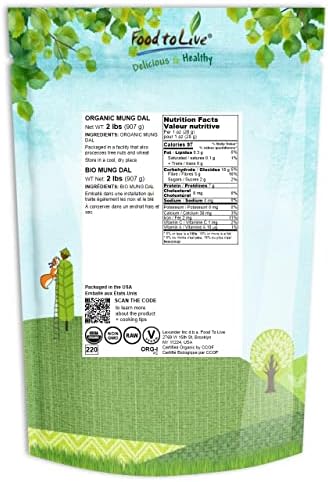 Food to Live Organic Yellow Mung Dal, 2 Pounds – Non-GMO, Peeled Split Mung Beans (Moong Dal). Ayurvedic Food. Easy to Cook. High in Dietary Fiber, Protein, Iron. Great for Soup, Kitchari, Curries