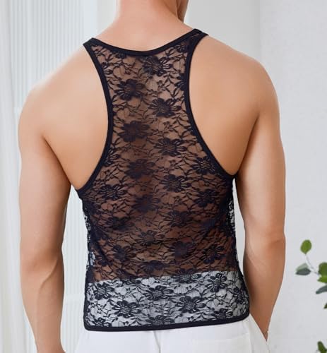 ABAFIP Men's Sheer Lace Tank Top Mesh See Through Sleeveless Muscle Shirt Racer Back Sexy Undershirt Singlet
