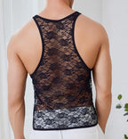 ABAFIP Men's Sheer Lace Tank Top Mesh See Through Sleeveless Muscle Shirt Racer Back Sexy Undershirt Singlet