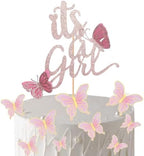 ALISSAR New Double Sided Rose Gold Butterfly Baby Shower Cake Topper Set, It's A Girl Cake Topper and 16 Pieces Pink Butterflies Cupcake Toppers for Baby Girl Baby Shower Party Decorations