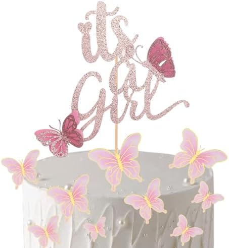 ALISSAR New Double Sided Rose Gold Butterfly Baby Shower Cake Topper Set, It's A Girl Cake Topper and 16 Pieces Pink Butterflies Cupcake Toppers for Baby Girl Baby Shower Party Decorations