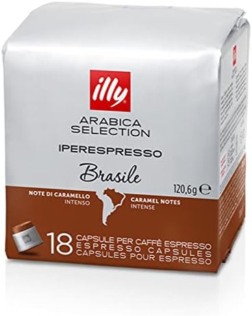 illy Coffee, Arabica Selection Brasile Espresso Capsules, Single Origin, Intense Flavor with Notes of Caramel, For Brewing with iperEspresso Capsule Machines, 18 Count (Pack of 1)