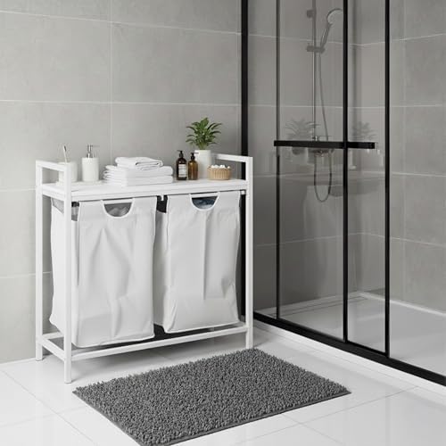 Relaxdays laundry sorter with 2 removable bags, includes shelf, HWD: 72 x 73 x 33 cm, metal basket, white/grey