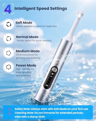 Tooth Polisher, Electric Rechargeable Teeth Polishing Kit with LED Auxiliary Light, 6 Brush Heads & 5 Polish Paste, 4 Modes, IPX6 Waterproof, Easy to Use Tooth Polishing Tool for Home（Sliver）