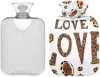 Cute Leopard Love White Hot Water Bottles Hot or Cold Water Bottle with Soft Cover Hot Water Bag for Pain Relief, 1 Liters