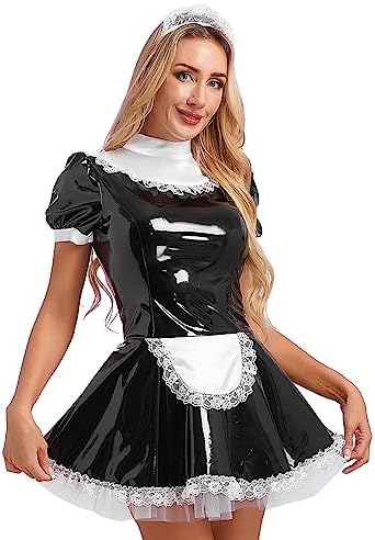 YiZYiF Women's Wet Look PVC Leather French Maid Costume Outfits Ruffles Mini Dress Apron Fancy Dress
