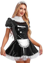 YiZYiF Women's Wet Look PVC Leather French Maid Costume Outfits Ruffles Mini Dress Apron Fancy Dress