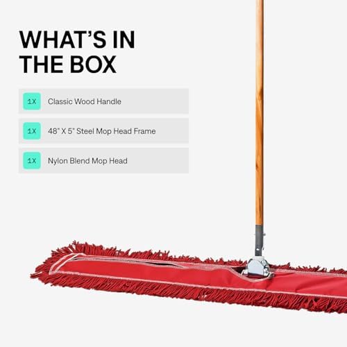 48 Inch Red Commercial Dust Mop & Floor Sweeper – Wood Handle Floor Mop for Tile, Hardwood & Concrete