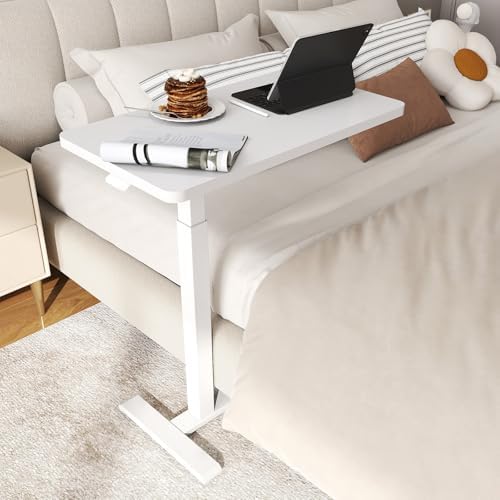 ROMOON Over Bed Table with Wheels, Rolling Adjustable Overbed Bedside Table, Mobile Standing Desk & Laptop Cart with Sturdy Frame for Hospital, Home and Small Spaces (27.6" W x 15.7" D, White)
