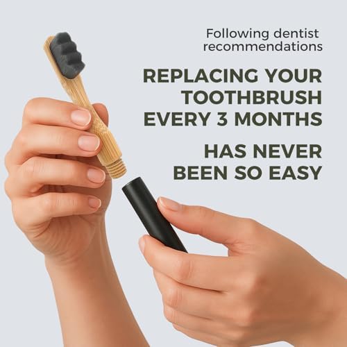 Extra Soft Toothbrushes for Adults - 3 Replaceable Natural Bamboo Tooth Brush Heads with Black Almunium Handle. Soft Bristle Braces Toothbrush. Butter on Gums Manual Toothbrush