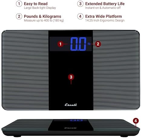 Escali Extra Wide Digital Bathroom Scale for Body Weight with Wide Platform for Natural Stance and Stability, High Capacity of 400 lb, Batteries Included