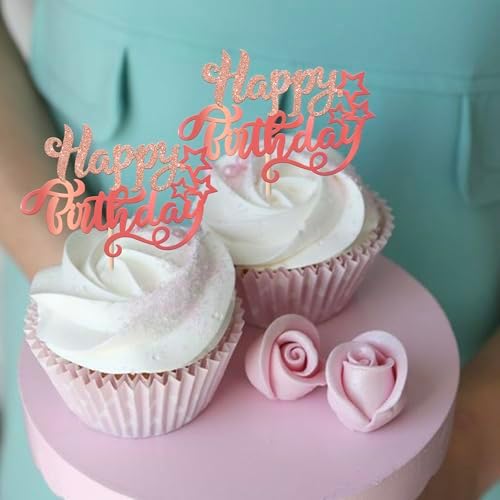 Rsstarxi 24 Pack Happy Birthday Cupcake Toppers Star Glitter Celebrating Birthday Cupcake Picks for Baby Shower Birthday Party Cake Decorations Supplies Rose Gold