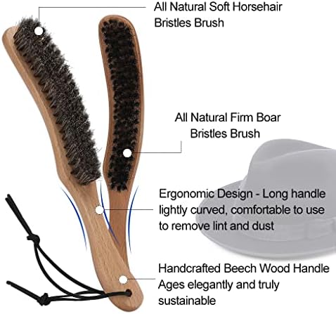 Hat Brush Combo Kit - Horsehair Felt Hat Brush Clean Cowboy Hat, Fedora Hat & Baseball Cap, Boar Bristle Lint Brush Remove Pet Hair Dust for Suits, Suede, Clothes & Furniture, Beech Handle - 2 Pack