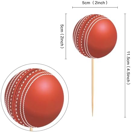 Ercadio 24 Pack Double Sided Cricket Cupcake Toppers Sports Ball Cricket Cupcake Picks Cricket Theme Birthday Cake Decorations for Baby Shower Kids Birthday Party Cake Decorations Supplies, Red-1