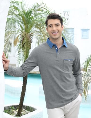 LIUPMWE Men's Shirt Long Sleeve Polo Shirt for Men Basic Slim Fit Long Sleeve Polo Men's Shirts with Pocket Golf Shirts