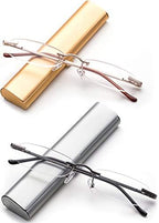 Newbee Fashion-Portable Compact Reading Glasses in Aluminum Case Metal Rectangle Rimless Reading Glasses Super Lightweight Reader Slim Design Comfort Fit for Men&Women 2 PACK GOLD & SILVER+1.75