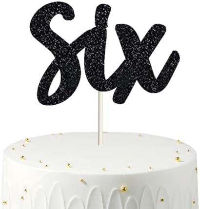 Six Birthday Cake Topper - Double Sided Black Glitter, 6th birthday cake topper for boy, 6th birthday Cake Decorating for girl, Baby Photo Booth Props,anniversary cake toppers