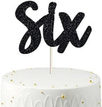 Six Birthday Cake Topper - Double Sided Black Glitter, 6th birthday cake topper for boy, 6th birthday Cake Decorating for girl, Baby Photo Booth Props,anniversary cake toppers