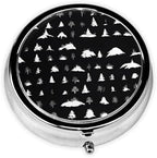 (Black & White Trees) Round Pill Box,3 Compartment Pill Box Mini Decorative Pocket Purse Portable Travel Medicine Tablet Vitamin Holder Organizer Pill Case