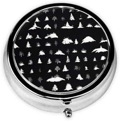 (Black & White Trees) Round Pill Box,3 Compartment Pill Box Mini Decorative Pocket Purse Portable Travel Medicine Tablet Vitamin Holder Organizer Pill Case