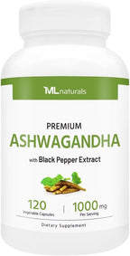 ML Naturals Organic Ashwagandha – 1,000mg (Per Serving) – 120 Vegetable Capsules – with Organic Extract & Black Pepper - Non-GMO, Gluten Free - Supports Stress Relief