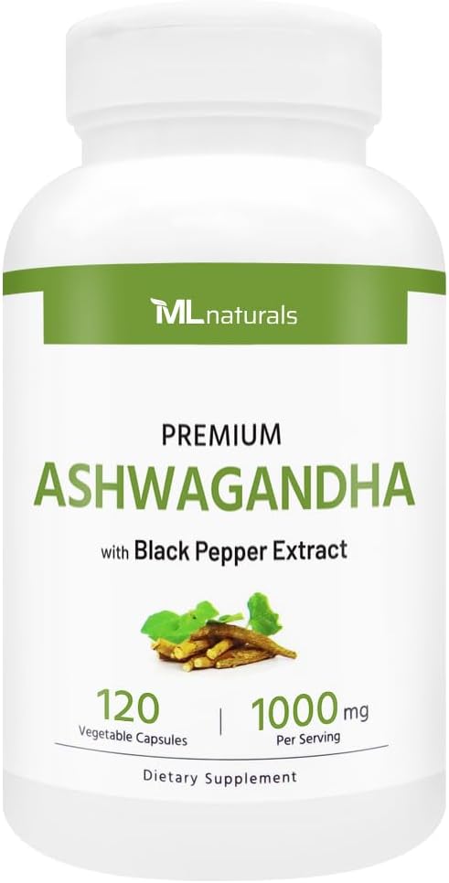 ML Naturals Organic Ashwagandha – 1,000mg (Per Serving) – 120 Vegetable Capsules – with Organic Extract & Black Pepper - Non-GMO, Gluten Free - Supports Stress Relief