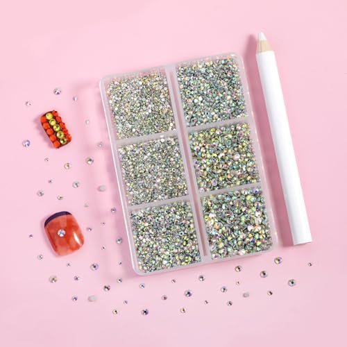 Flatback Rhinestones AB Crystal Rhinestones Nail Gems Round Crystal Rhinestones for Crafts,Mixed 6 Small Sizes with Wax Pencil Kit,7200 PCS, SS3-SS10, Crystal AB